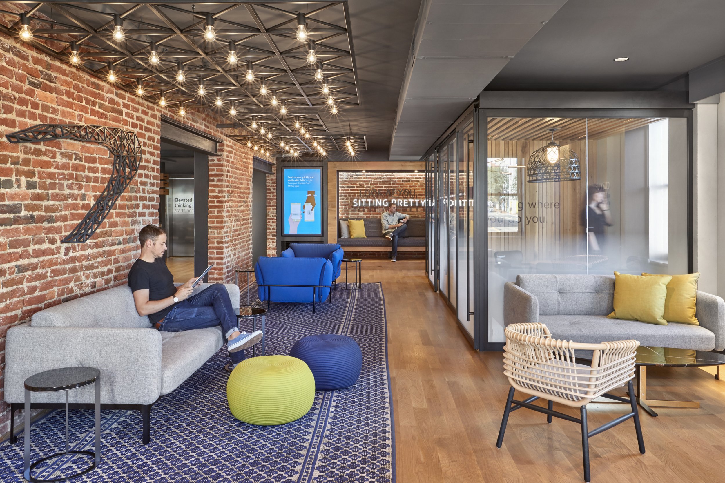 Lounge area of a Capital One Cafe lobby.
